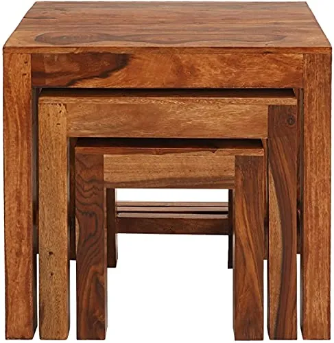 Fine Wood HUB Solid Sheesham Wood Nesting Table Set of 3 Stools Wooden Nesting Table | Bedside Table | Side Table | Living Room | Sofa Side Table Teak Wood Furniture Nesting Table| Honey Finish