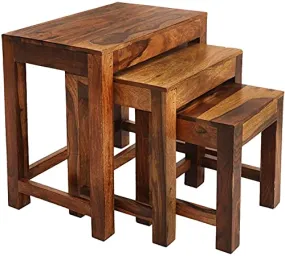 Fine Wood HUB Solid Sheesham Wood Nesting Table Set of 3 Stools Wooden Nesting Table | Bedside Table | Side Table | Living Room | Sofa Side Table Teak Wood Furniture Nesting Table| Honey Finish