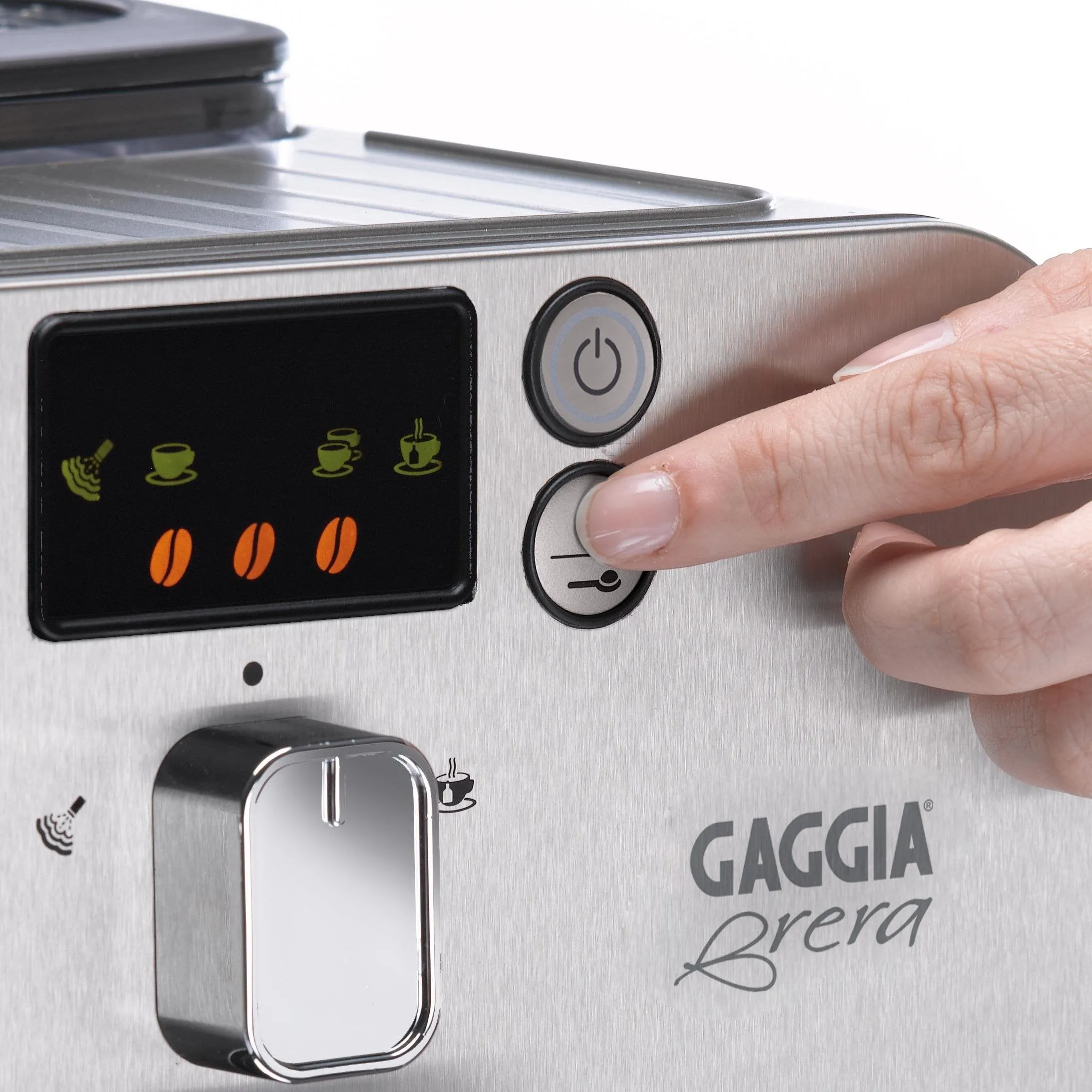 Gaggia Brera Super Automatic Espresso Machine in Silver. Pannarello Wand Frothing for Latte and Cappuccino Drinks. Espresso from Pre-Ground or Whole Bean Coffee.