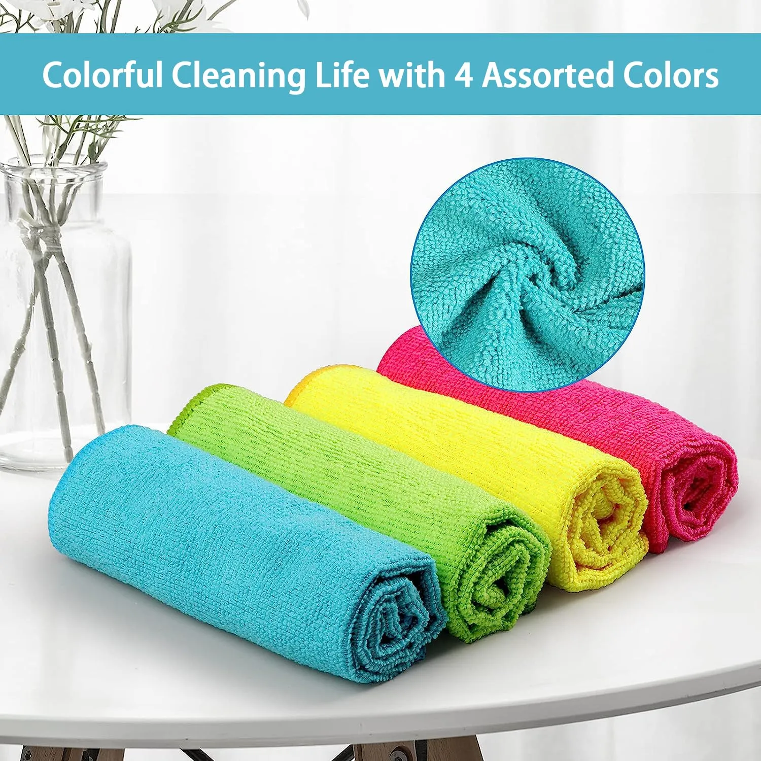 HOMEXCEL Microfiber Cleaning Cloth,12 Pack Cleaning Rag,Cleaning Towels With 4 Color Assorted,12"X12"(Green/Blue/Yellow/Red)