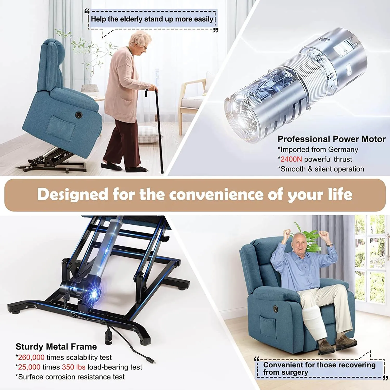 Homrest Power Lift Recliner Chair with Massage & Heat, Linen Fabric Electric Recliner Lift Chair with 2 Side Pockets & USB Port (Peacock Blue)