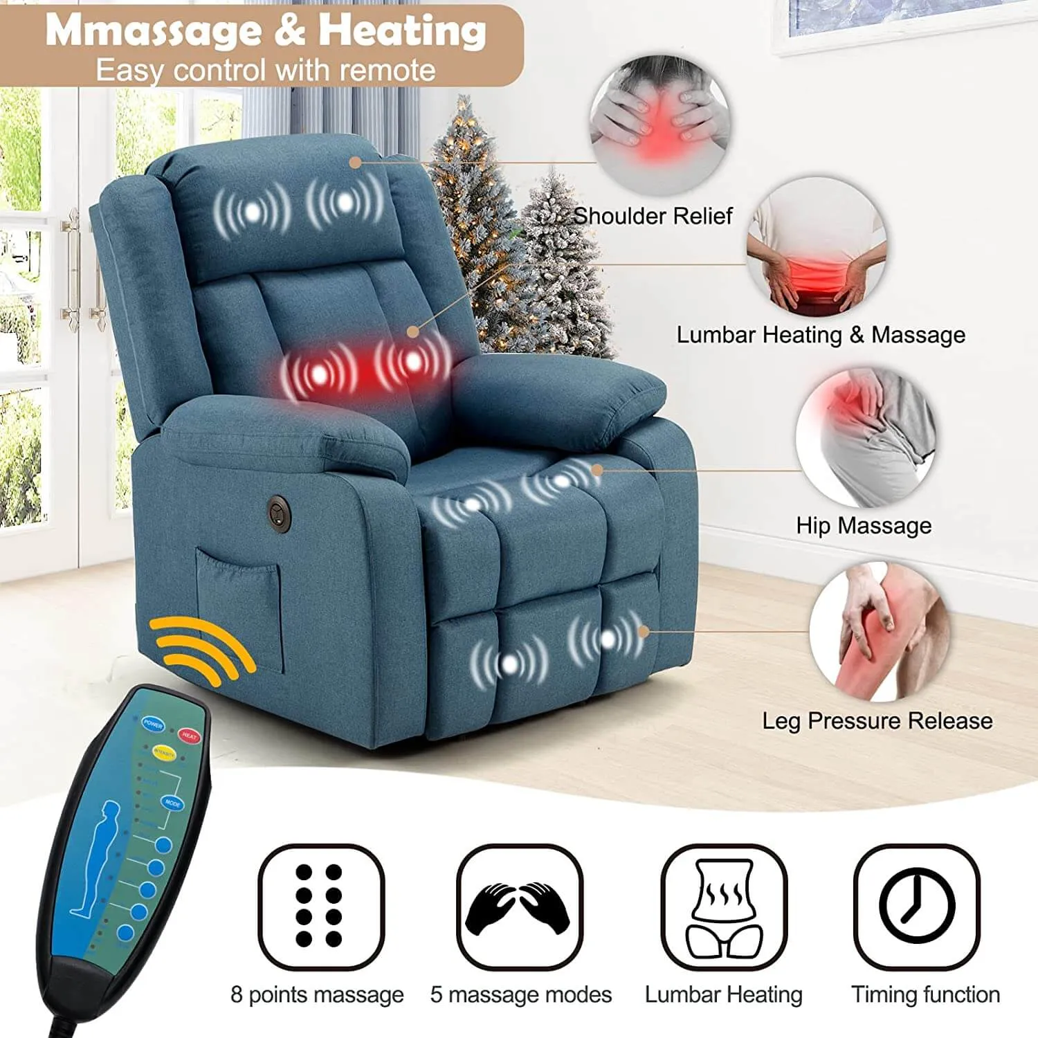 Homrest Power Lift Recliner Chair with Massage & Heat, Linen Fabric Electric Recliner Lift Chair with 2 Side Pockets & USB Port (Peacock Blue)