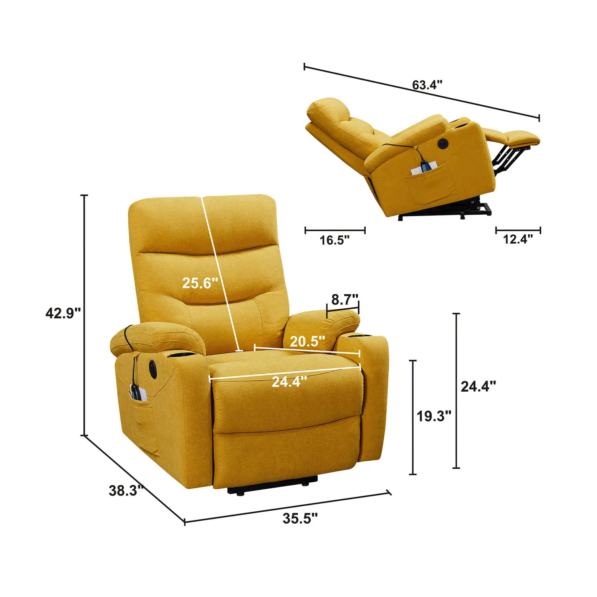 Homrest Power Lift Recliner Chair with Massage and Heat for Elderly Electric Recliner Lift Chair with 2 Side Pockets, Cup Holders, USB Port for Living Room, Yellow