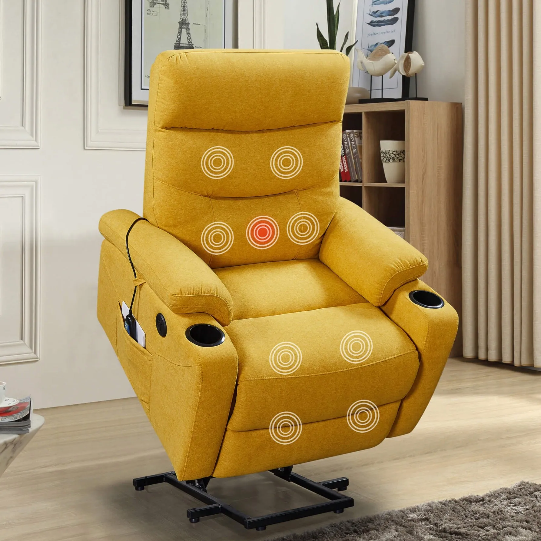 Homrest Power Lift Recliner Chair with Massage and Heat for Elderly Electric Recliner Lift Chair with 2 Side Pockets, Cup Holders, USB Port for Living Room, Yellow