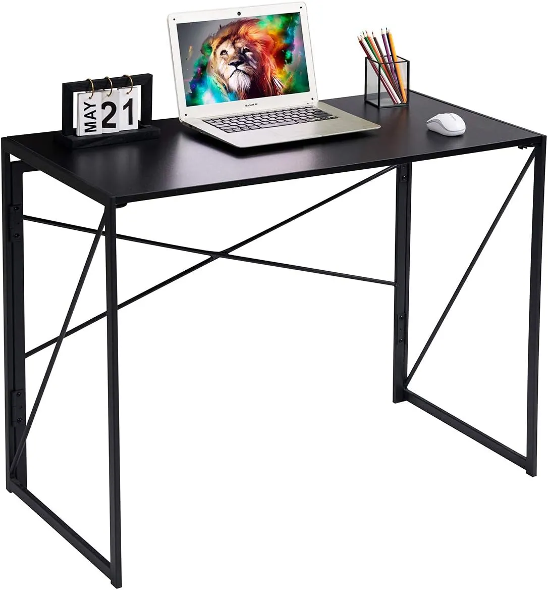 Kawachi Folding Desk 37'' Laptop Computer Table Small Study Writing Desk for Teens Students, Metal Frames Workstation for Home Office, No Assembly Needed, Black KW110