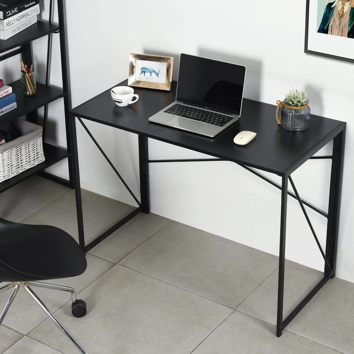 Kawachi Folding Desk 37'' Laptop Computer Table Small Study Writing Desk for Teens Students, Metal Frames Workstation for Home Office, No Assembly Needed, Black KW110