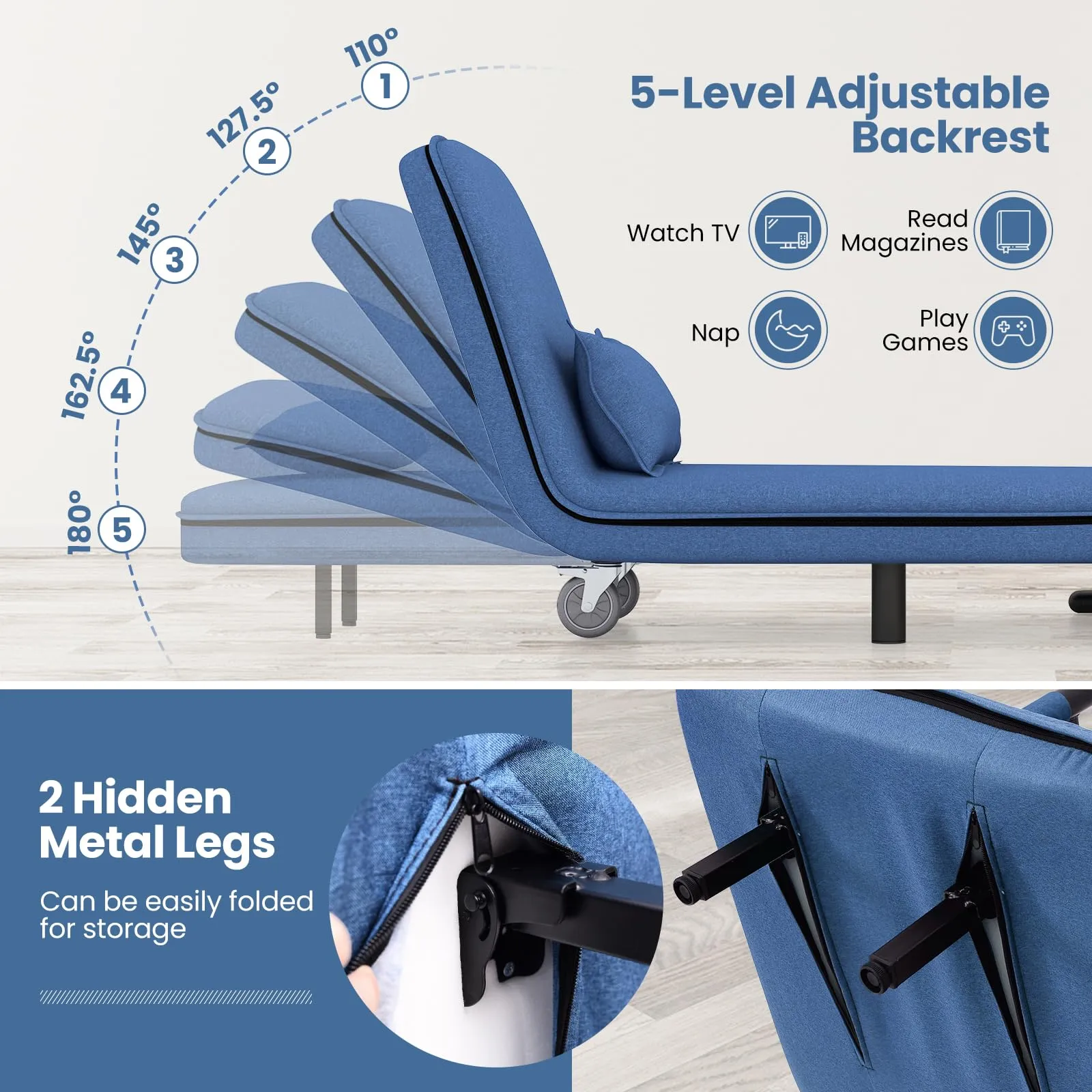 KOMFOTT Convertible Chair Bed, Sleeper Chair with 5-Position Adjustable Backrest & Lumbar Pillow, 2 Hidden Metal Legs & 2 Lockable Casters