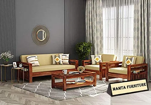 Mamta Furniture Wooden Solid Sheesham Wood 5 Seater Sofa Set with Cushions (5 Seater Sofa | 3 1 1 with Coffee Table, Honey Finish 1)