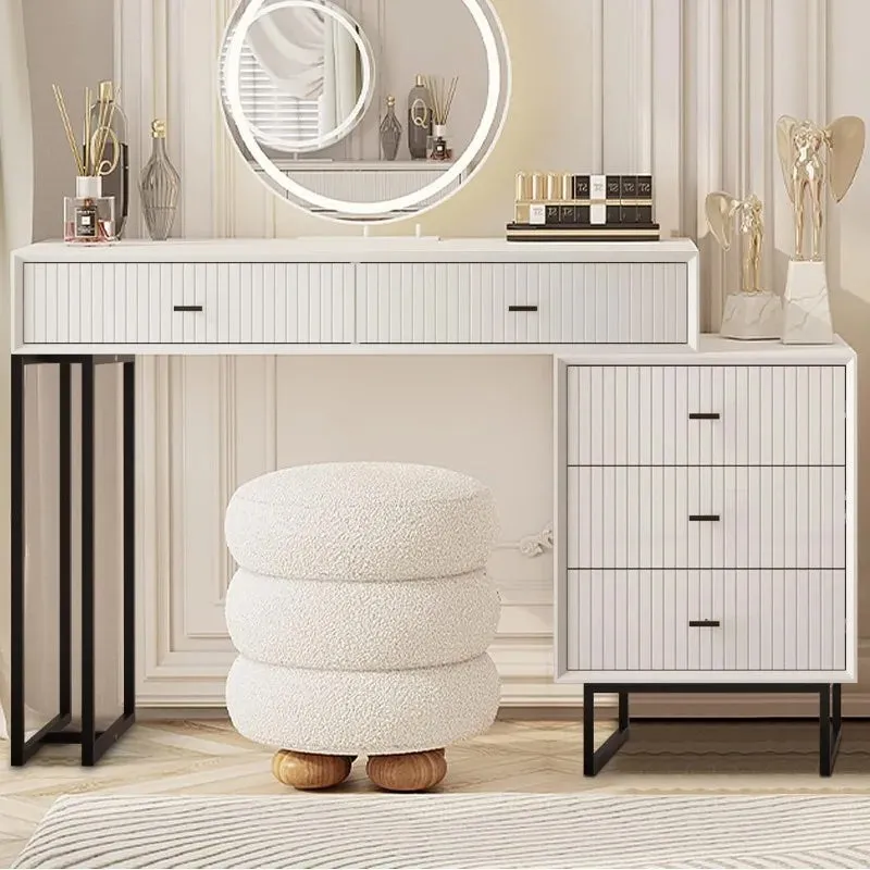 Modern Grey Makeup Vanity Set | 5-Drawer Dressing Table with Movable Chest