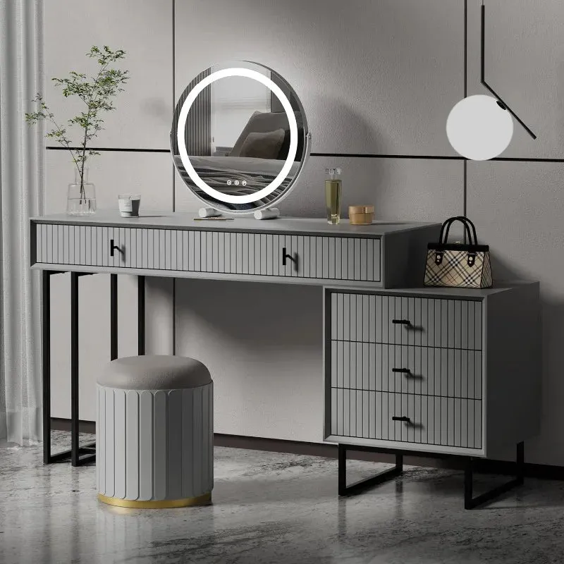 Modern Grey Makeup Vanity Set | 5-Drawer Dressing Table with Movable Chest