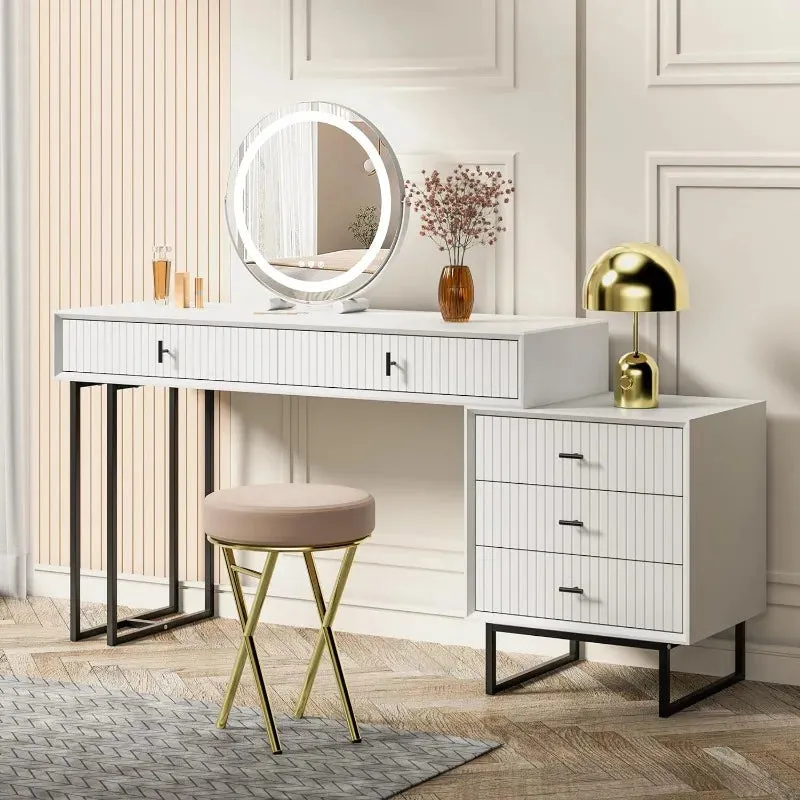 Modern Grey Makeup Vanity Set | 5-Drawer Dressing Table with Movable Chest