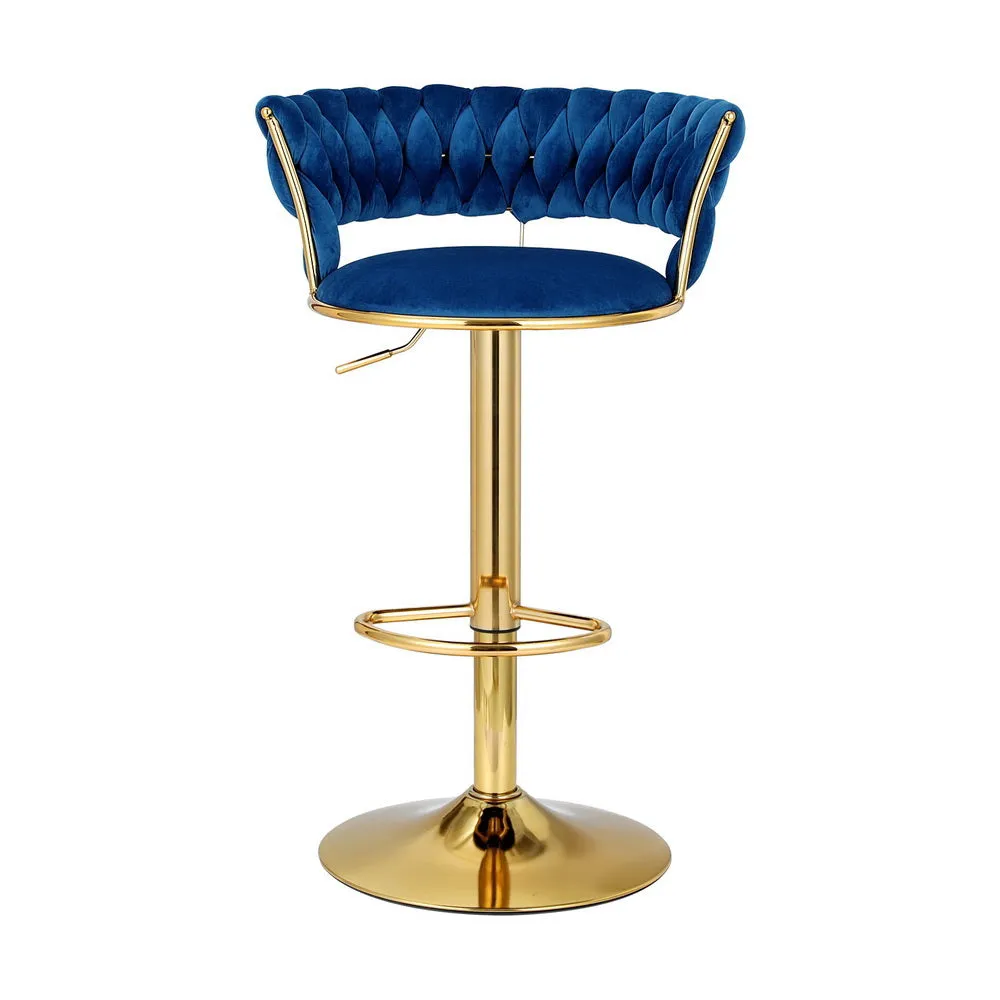 Navy Velvet Bar Stools with Woven Backrest, Height Adjustable