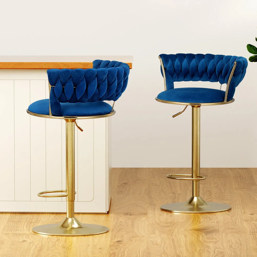 Navy Velvet Bar Stools with Woven Backrest, Height Adjustable