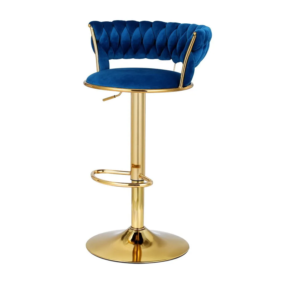 Navy Velvet Bar Stools with Woven Backrest, Height Adjustable