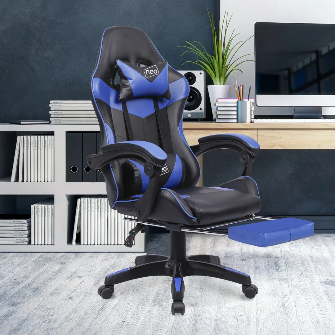 Neo Blue/Black Massage Leather Gaming Chair With Footrest