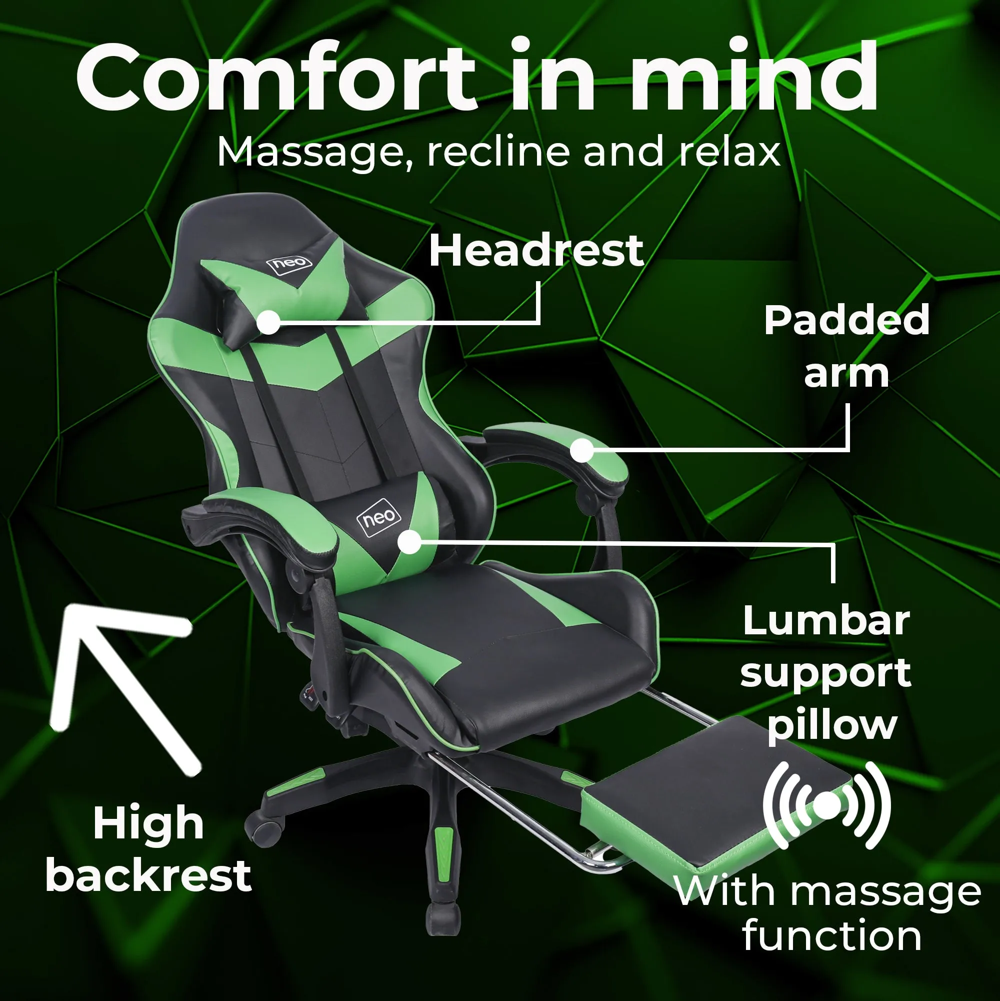 Neo Green/Black Massage Leather Gaming Chair with Footrest