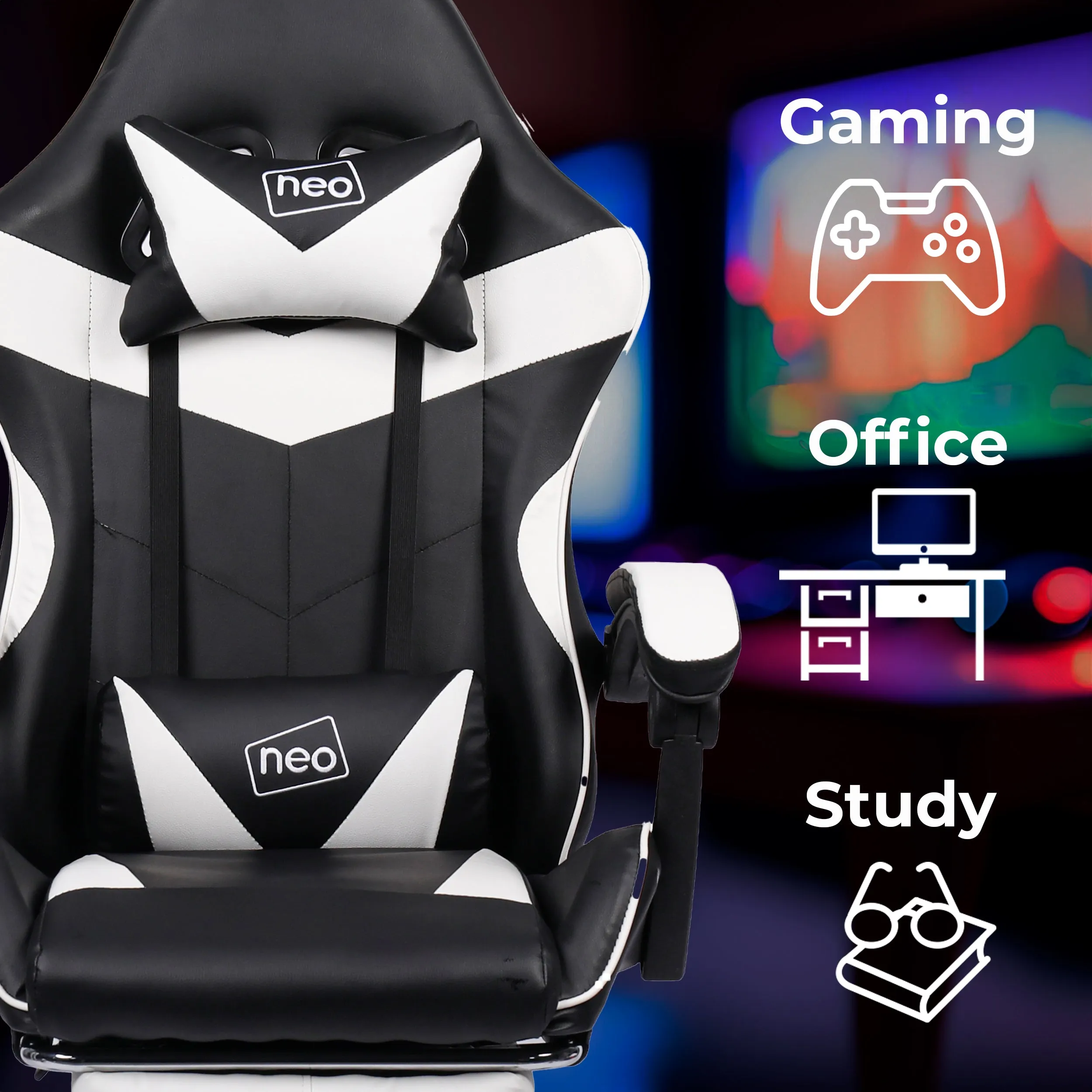 Neo White and Black Massage Leather Gaming Chair with Footrest