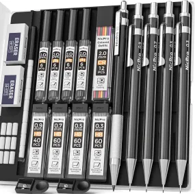 Nicpro 5 PCS Black Metal Mechanical Pencil Set in Case, Drafting Pencils 0.3 & 0.5 & 0.7 & 0.9 mm & 2mm Lead Pencil Holders (4B 2B HB 2H) Lead Refills(Black & Colors) Erasers For Art Sketching Drawing