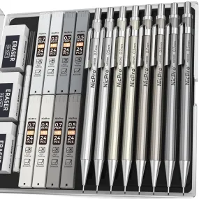 Nicpro 6PCS Mechanical Pencils Set, Cool Metal Drafting Pencil Bulk 0.5 & 0.7 mm With HB Lead Refills, Erasers Come With Case