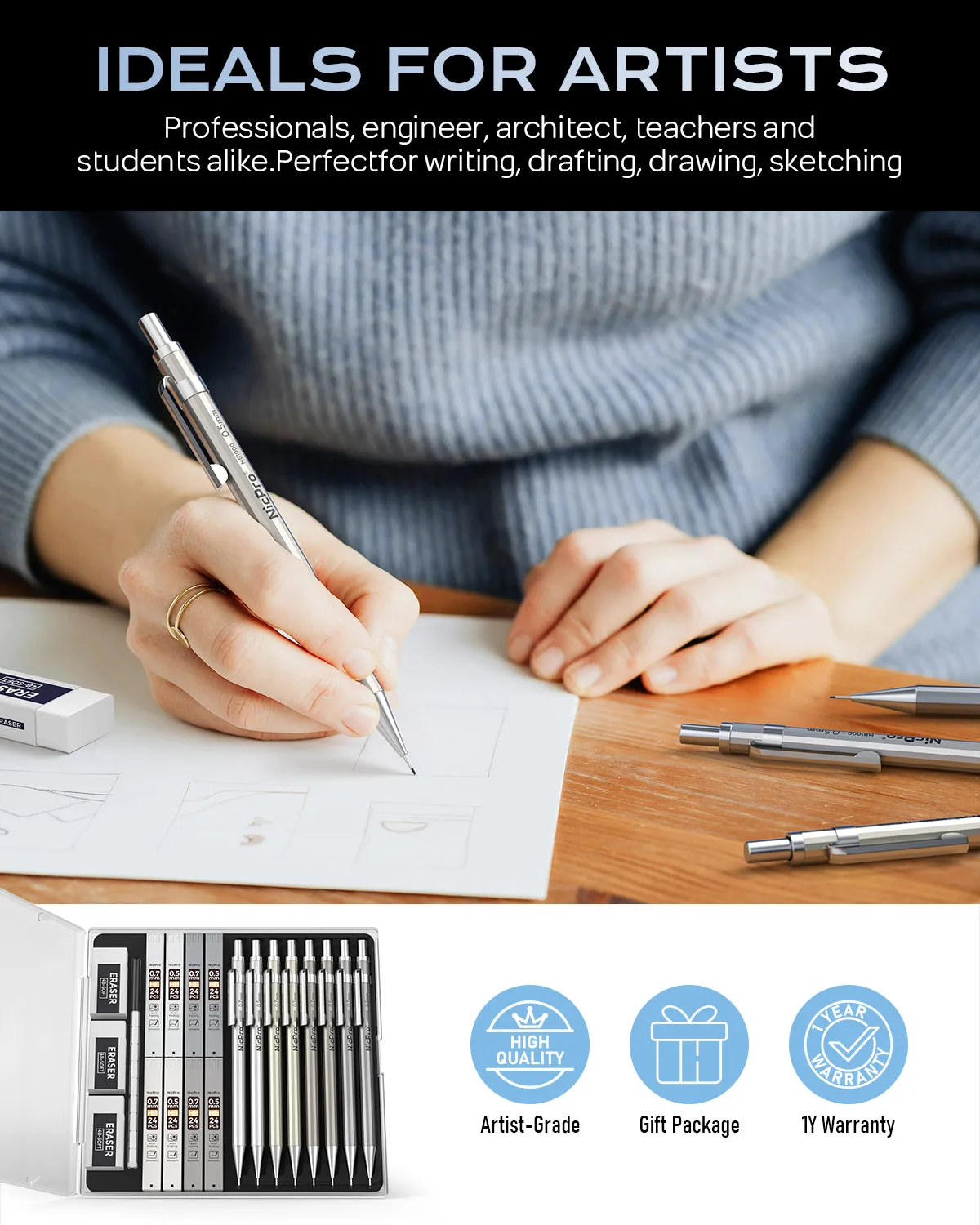 Nicpro 6PCS Mechanical Pencils Set, Cool Metal Drafting Pencil Bulk 0.5 & 0.7 mm With HB Lead Refills, Erasers Come With Case