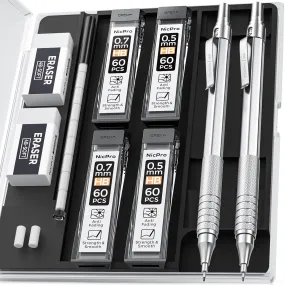 Nicpro Mechanical Pencils Set, Metal Automatic Drafting Pencil 0.5 mm and 0.7 mm Mechanical Pencil Graph With 4 Tubes HB Pencil Leads And 2 Erasers For Writing Draft, Drawing, Sketch -Come With Case