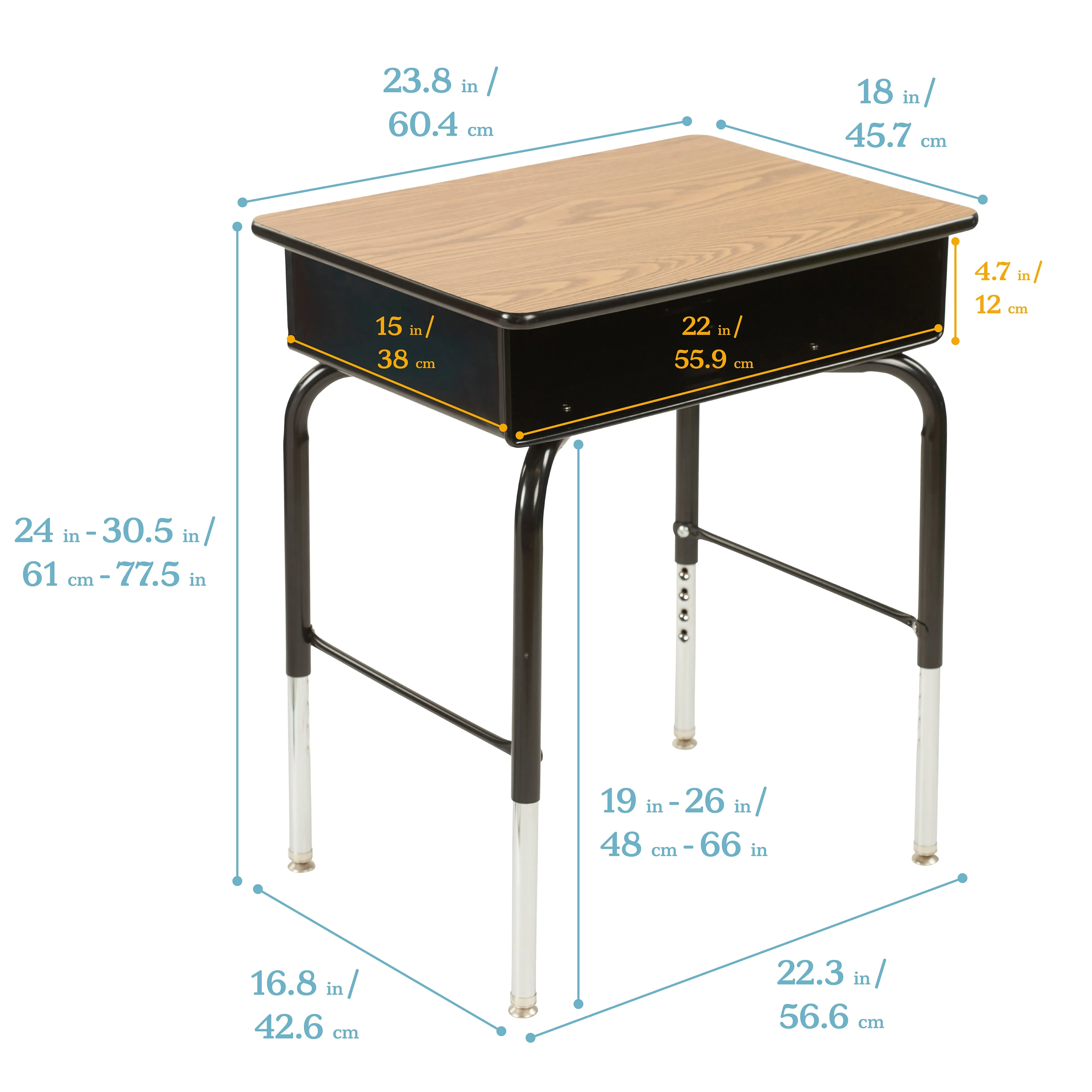 Open Front Student Desk with Metal Storage Book Box, Adjustable Height, 24in x18in