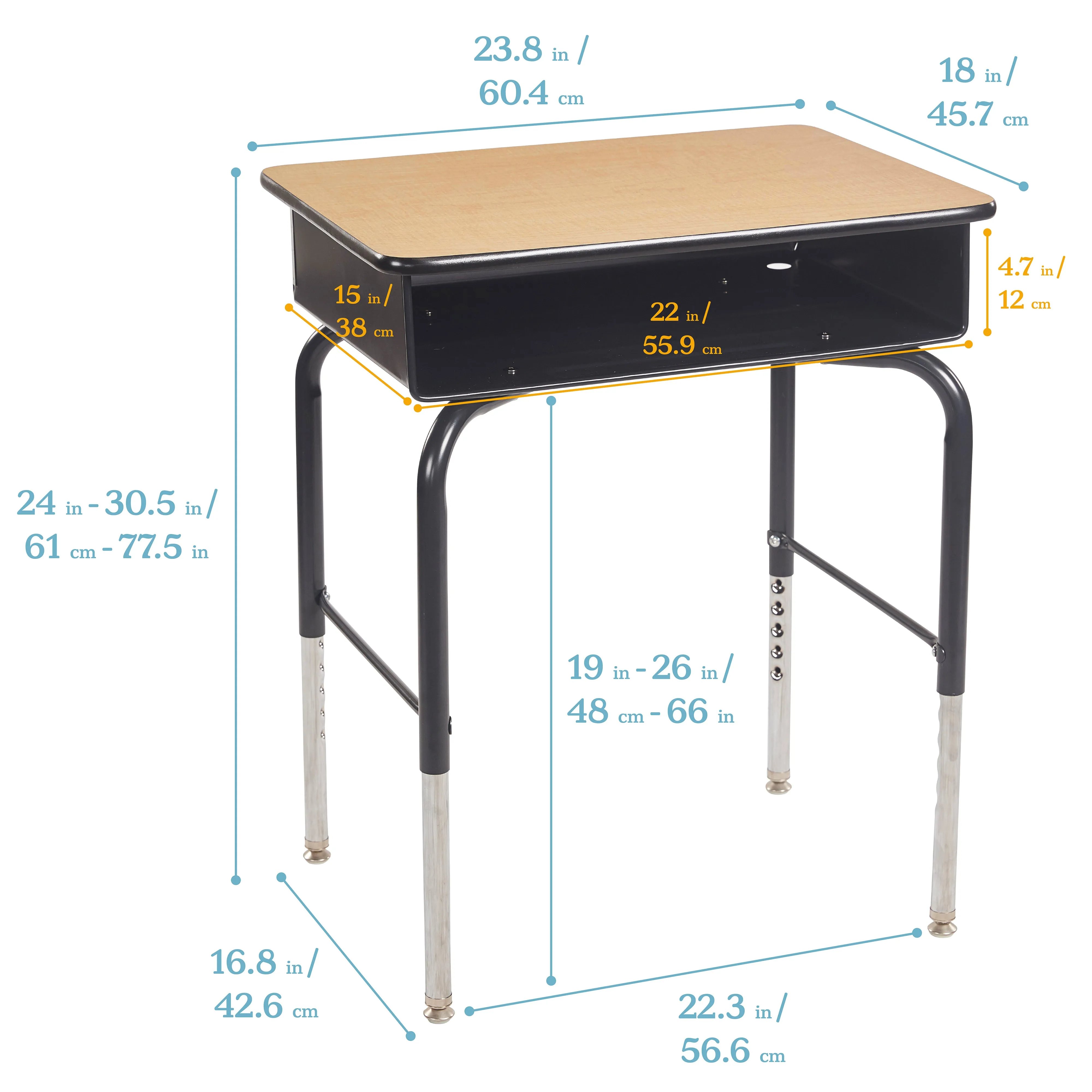 Open Front Student Desk with Metal Storage Book Box, Adjustable Height, 24in x18in