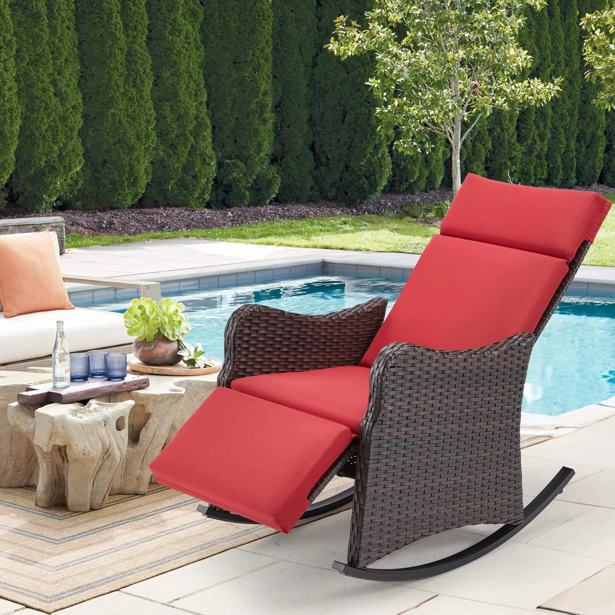 Outdoor Recliner Chair, Rattan Wicker Rocking Chair with Soft Removable Cushion, Red