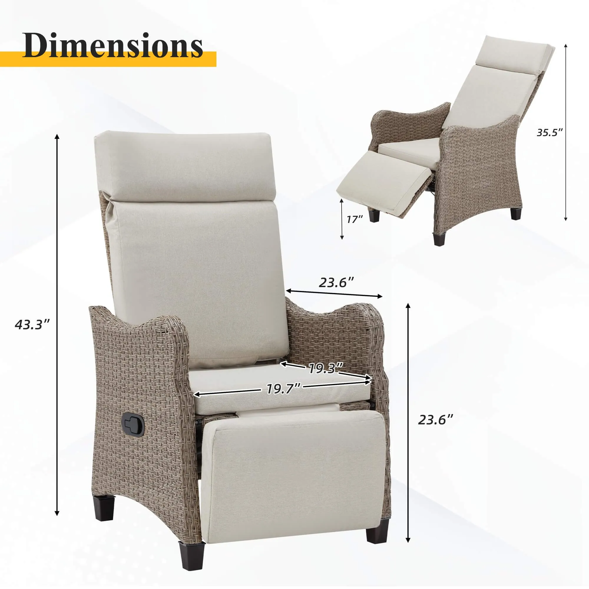 Outdoor Recliner Chair Set of 2, Rattan Lounge Chair with Removable Cushion for Patio Home Yard Garden, Beige