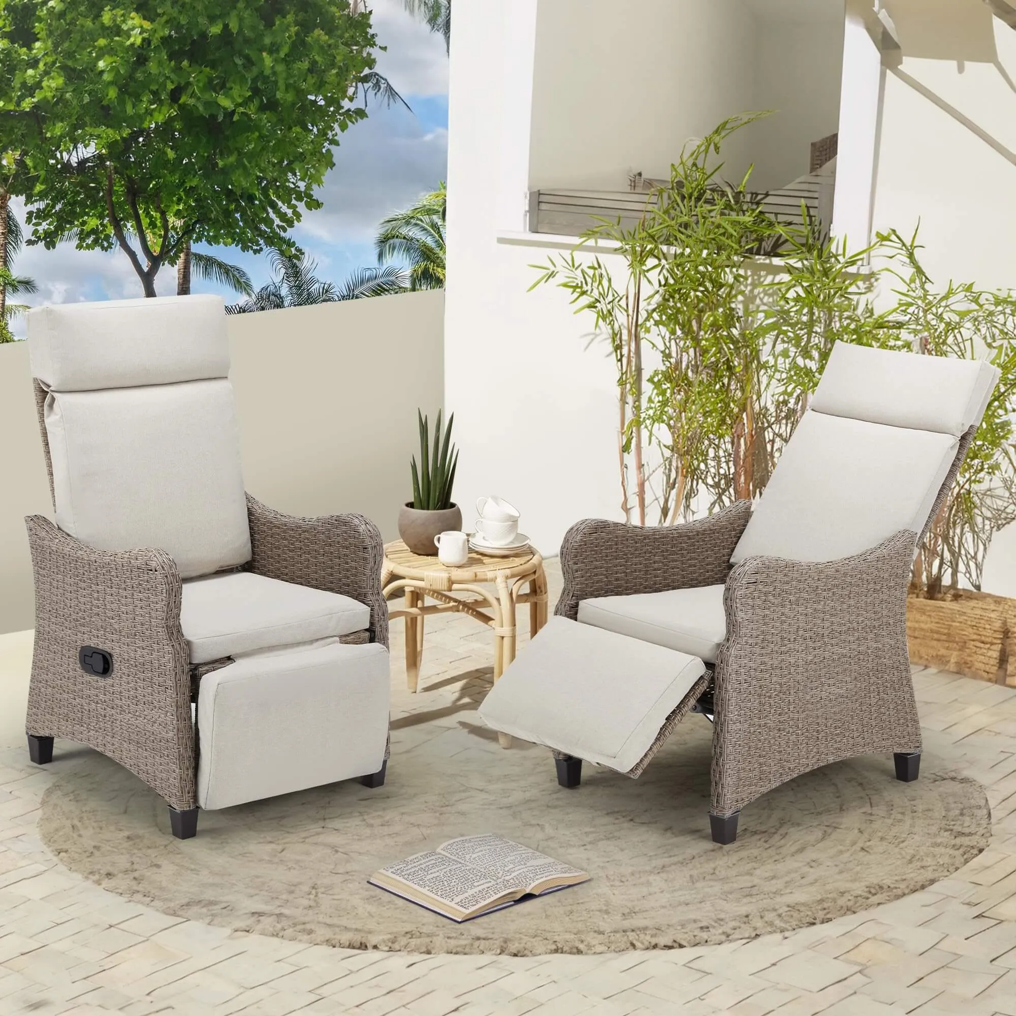 Outdoor Recliner Chair Set of 2, Rattan Lounge Chair with Removable Cushion for Patio Home Yard Garden, Beige