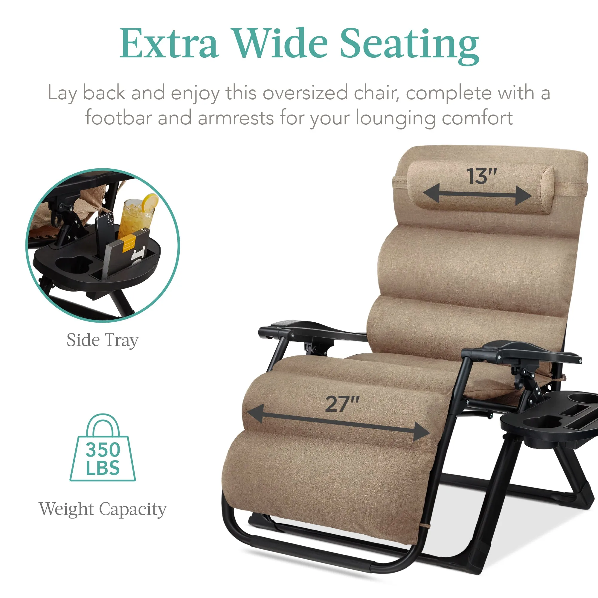 Oversized Zero Gravity Chair, Folding Outdoor Recliner w/ Removable Cushion