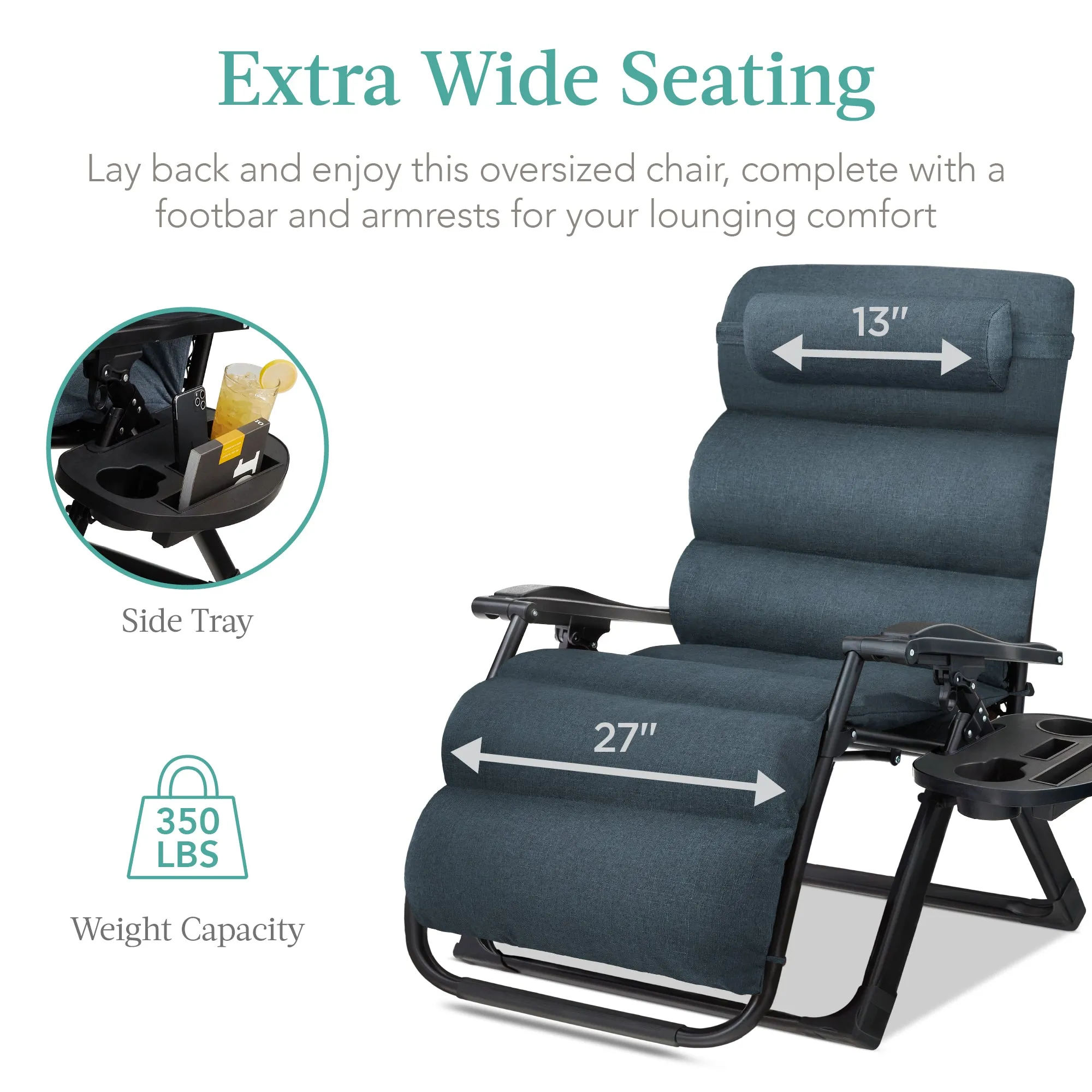 Oversized Zero Gravity Chair, Folding Outdoor Recliner w/ Removable Cushion