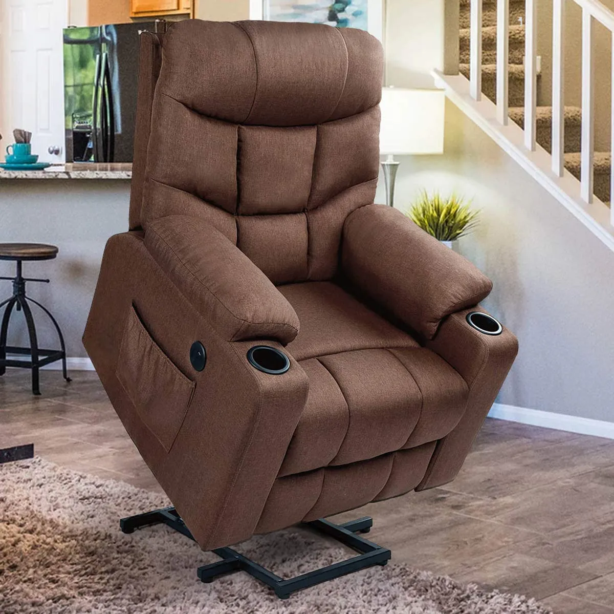 Power Lift Chair Electric Recliner for Elderly Heated Vibration Fabric Sofa Motorized Living Room Chair with Side Pocket and Cup Holders