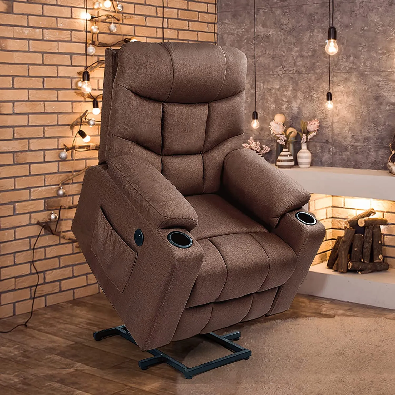 Power Lift Chair Electric Recliner for Elderly Heated Vibration Fabric Sofa Motorized Living Room Chair with Side Pocket and Cup Holders