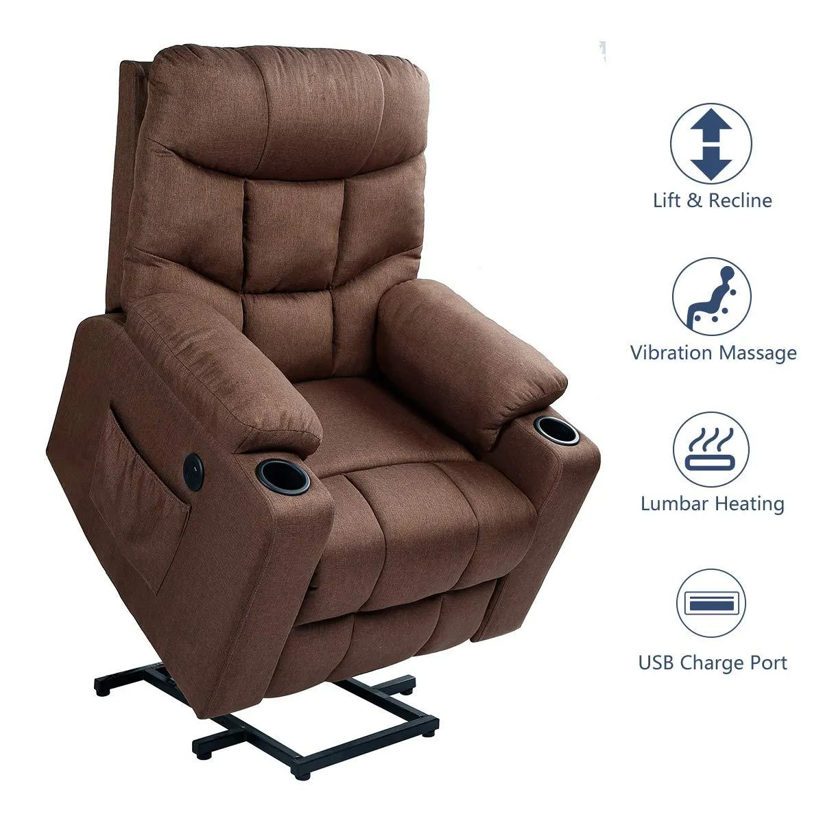 Power Lift Chair Electric Recliner for Elderly Heated Vibration Fabric Sofa Motorized Living Room Chair with Side Pocket and Cup Holders