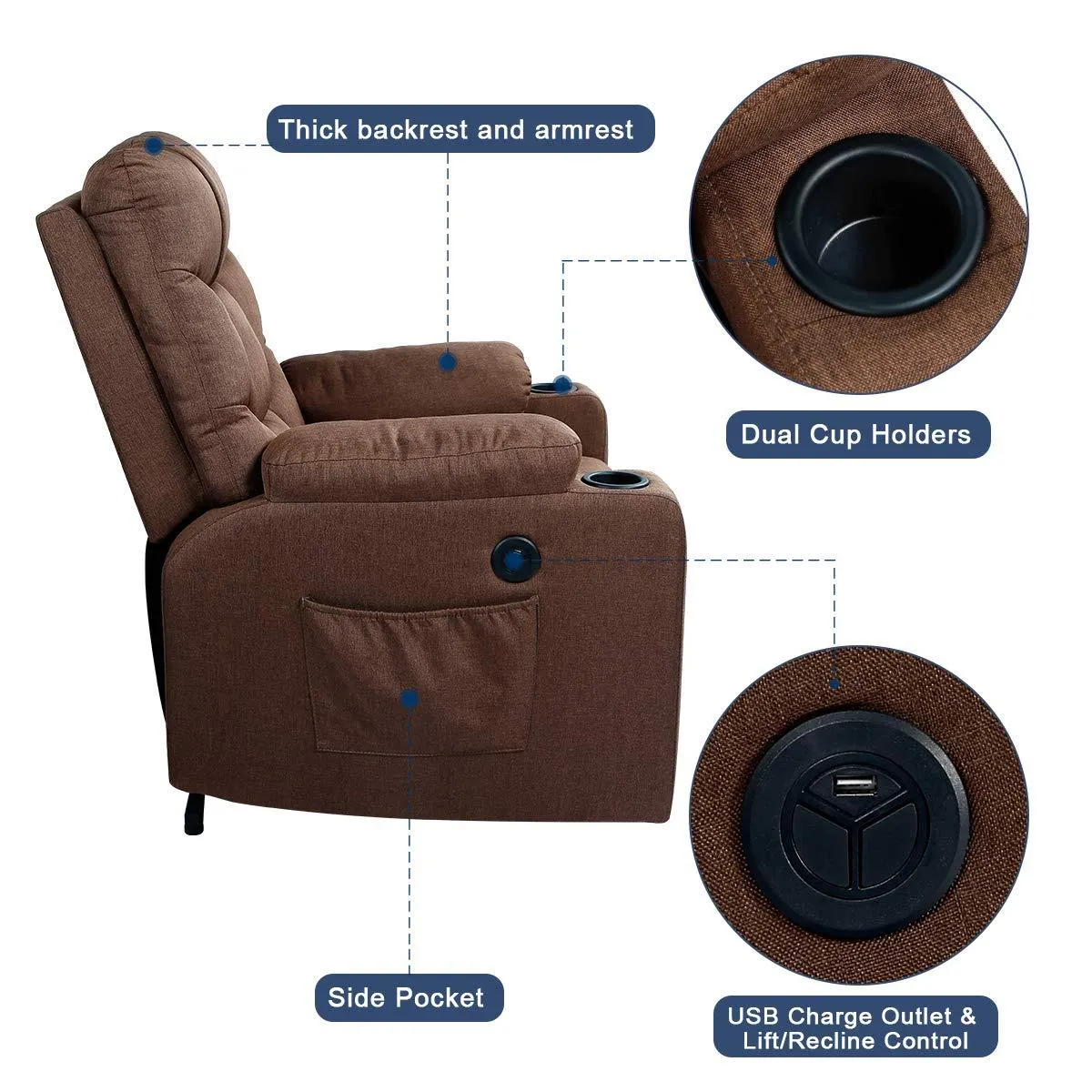 Power Lift Chair Electric Recliner for Elderly Heated Vibration Fabric Sofa Motorized Living Room Chair with Side Pocket and Cup Holders