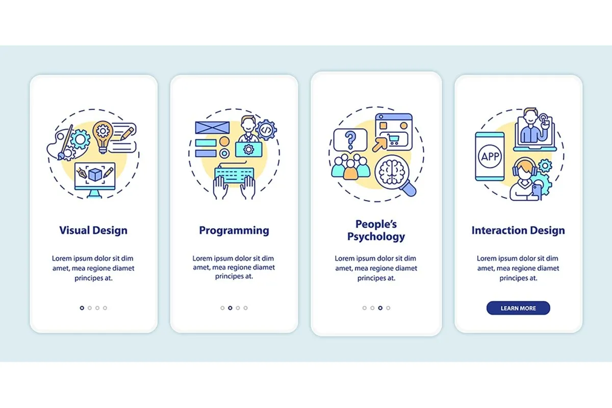 Product development onboarding mobile app page screens set