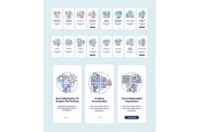 Product development onboarding mobile app page screens set