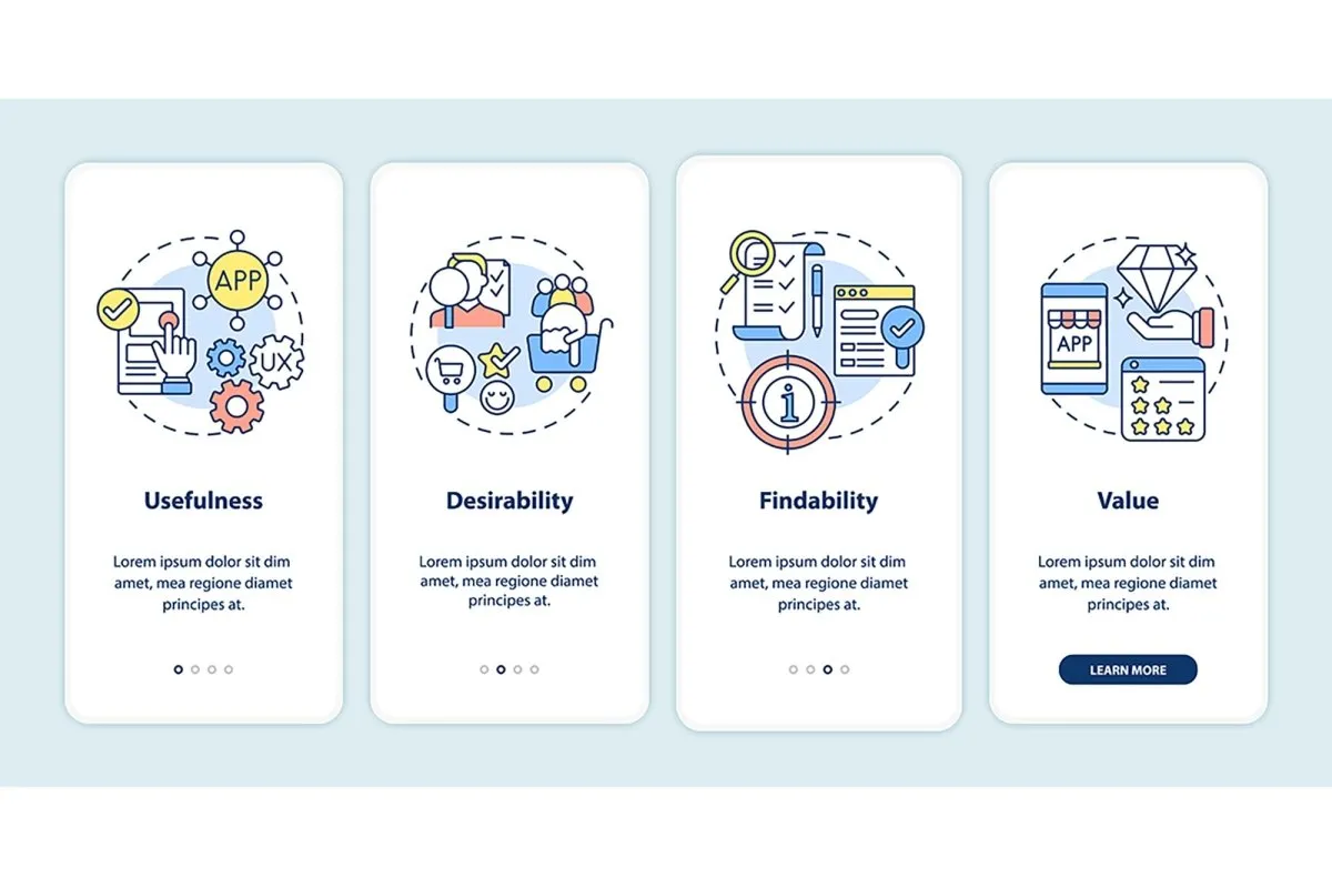 Product development onboarding mobile app page screens set