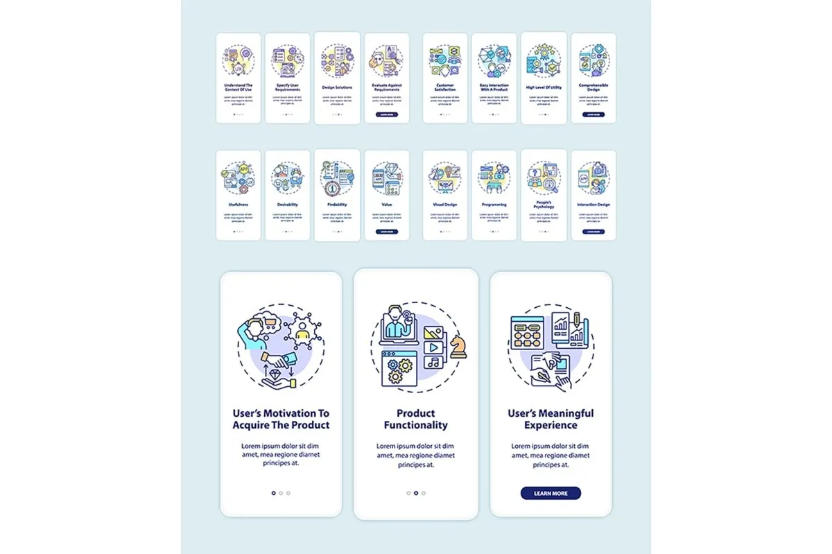 Product development onboarding mobile app page screens set