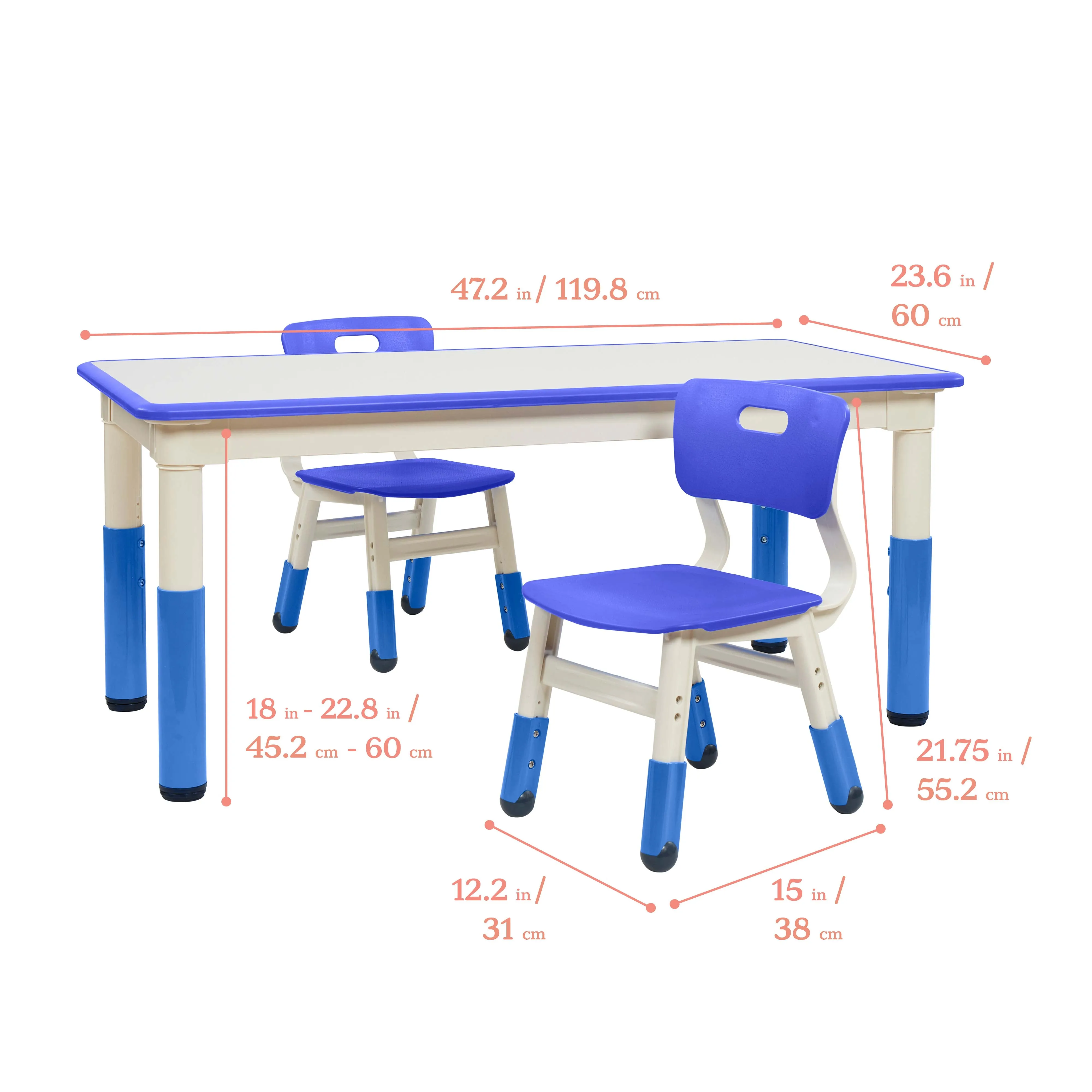 Rectangle Dry-Erase Activity Table and 2 Adjustable Height Plastic Chairs, 3-Piece