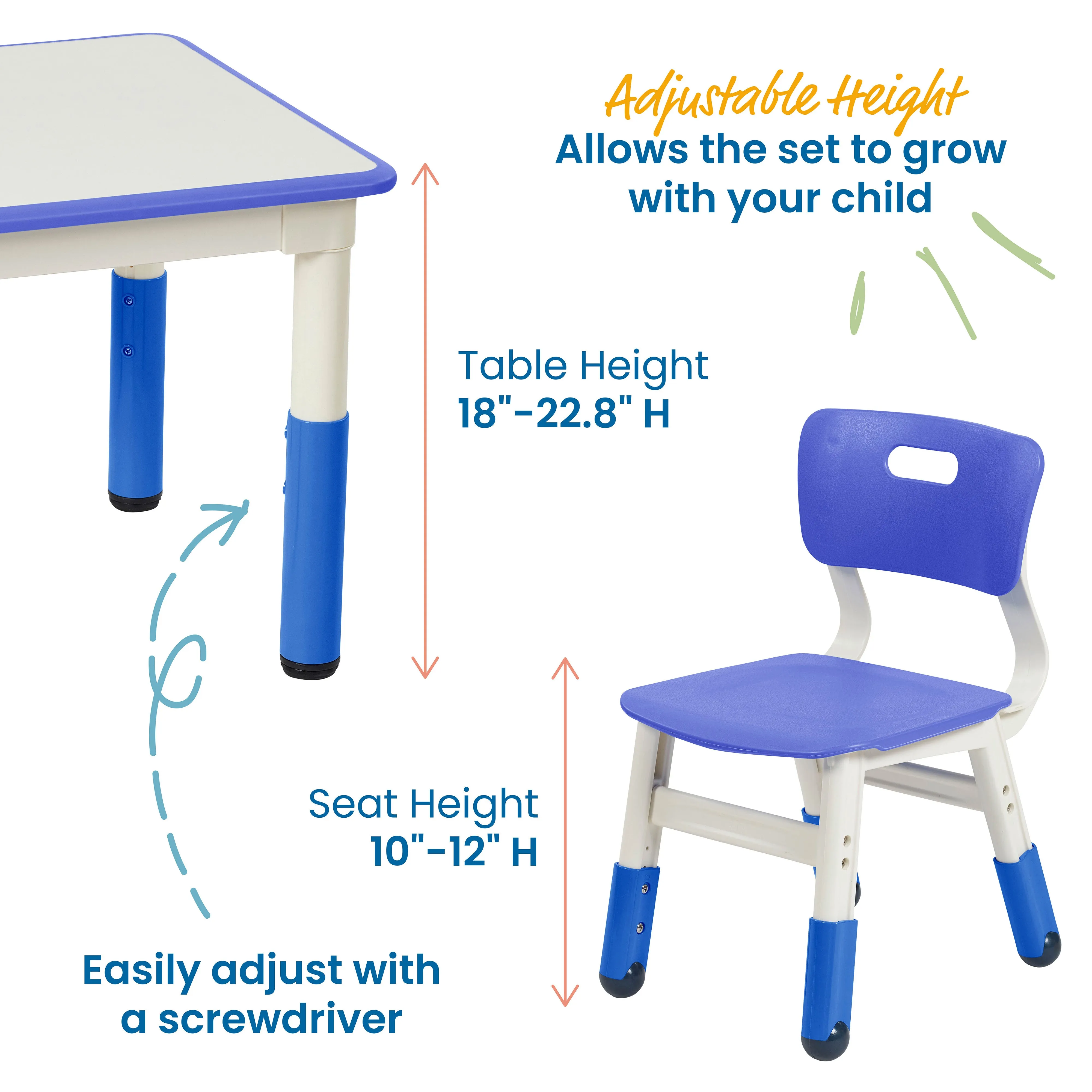 Rectangle Dry-Erase Activity Table and 2 Adjustable Height Plastic Chairs, 3-Piece