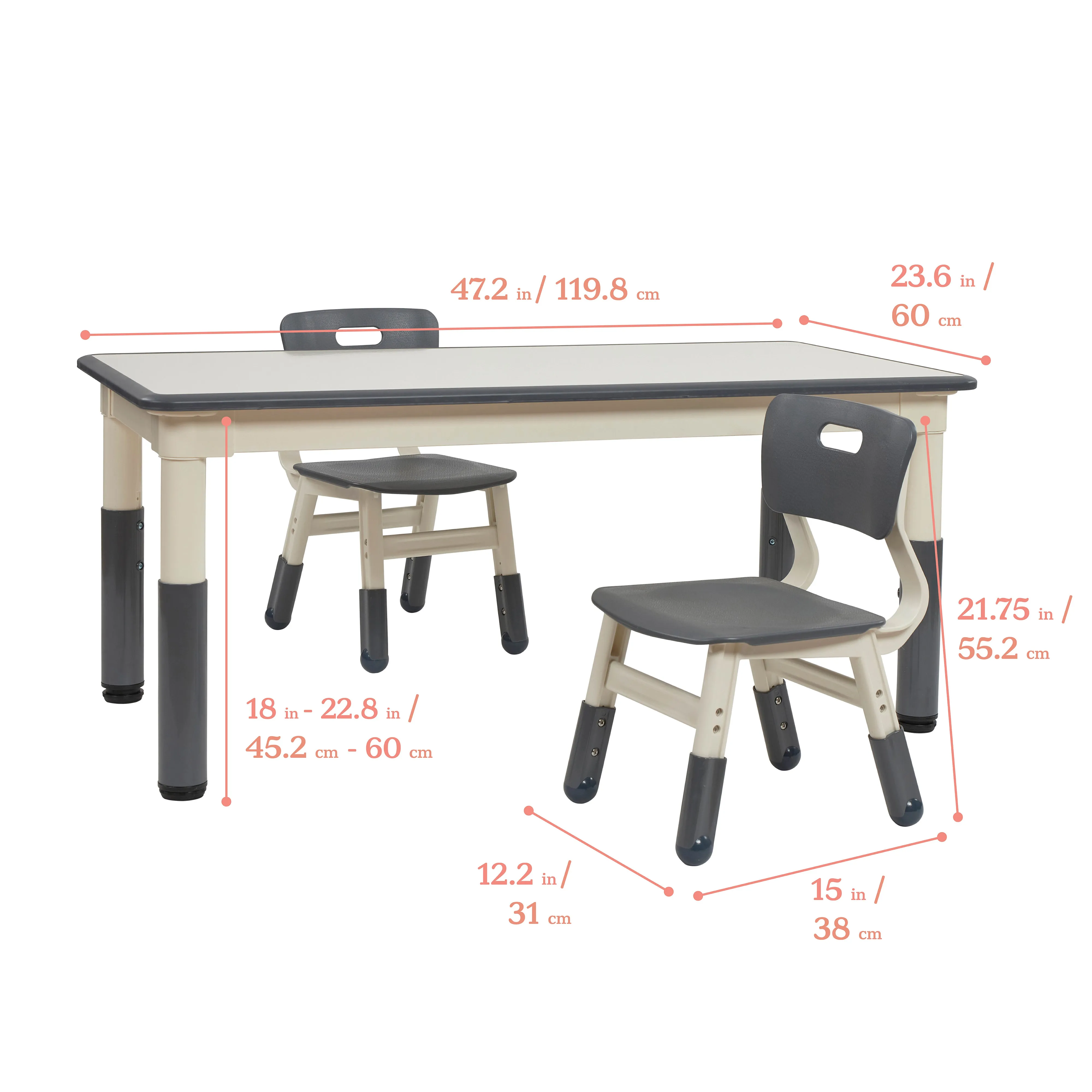 Rectangle Dry-Erase Activity Table and 2 Adjustable Height Plastic Chairs, 3-Piece