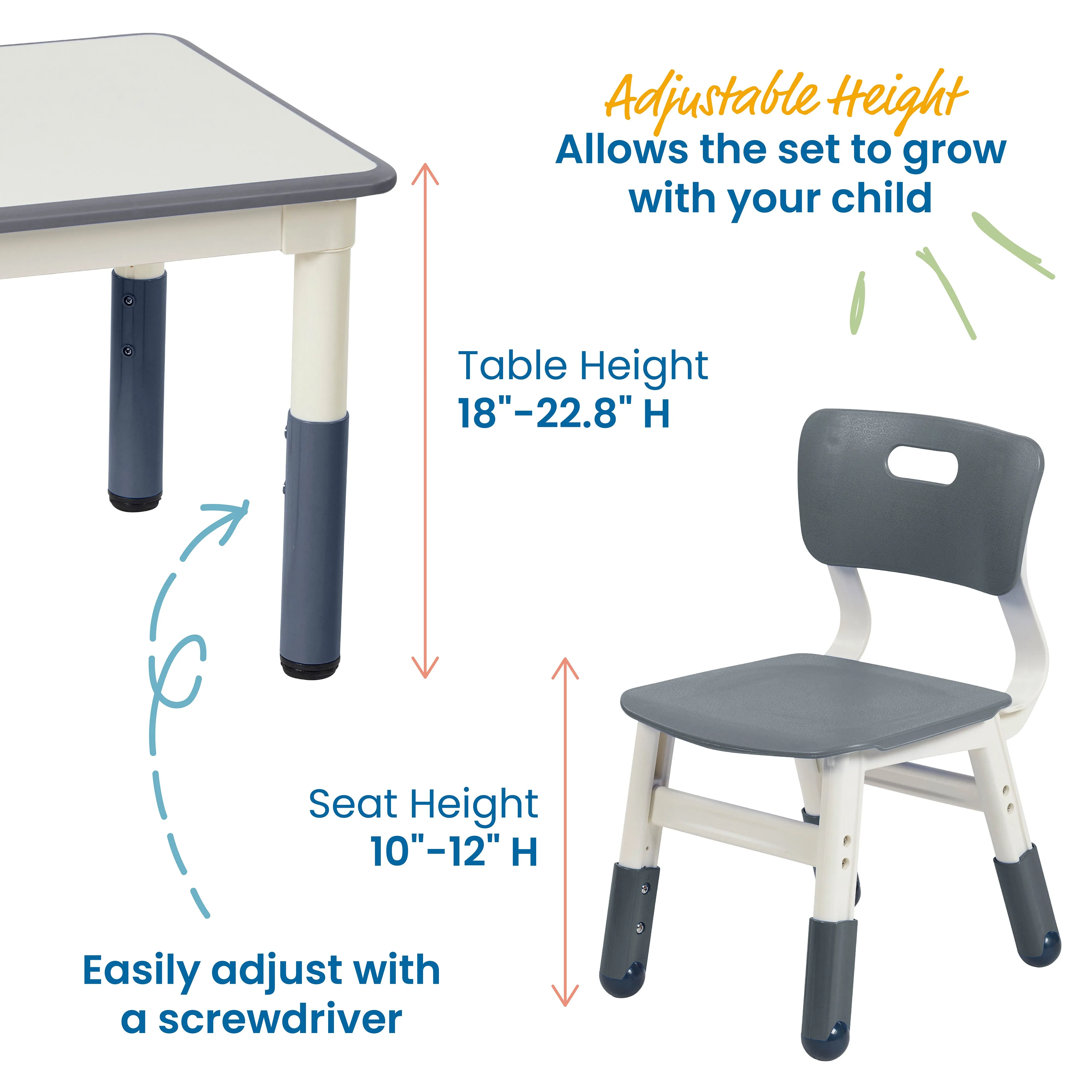 Rectangle Dry-Erase Activity Table and 2 Adjustable Height Plastic Chairs, 3-Piece