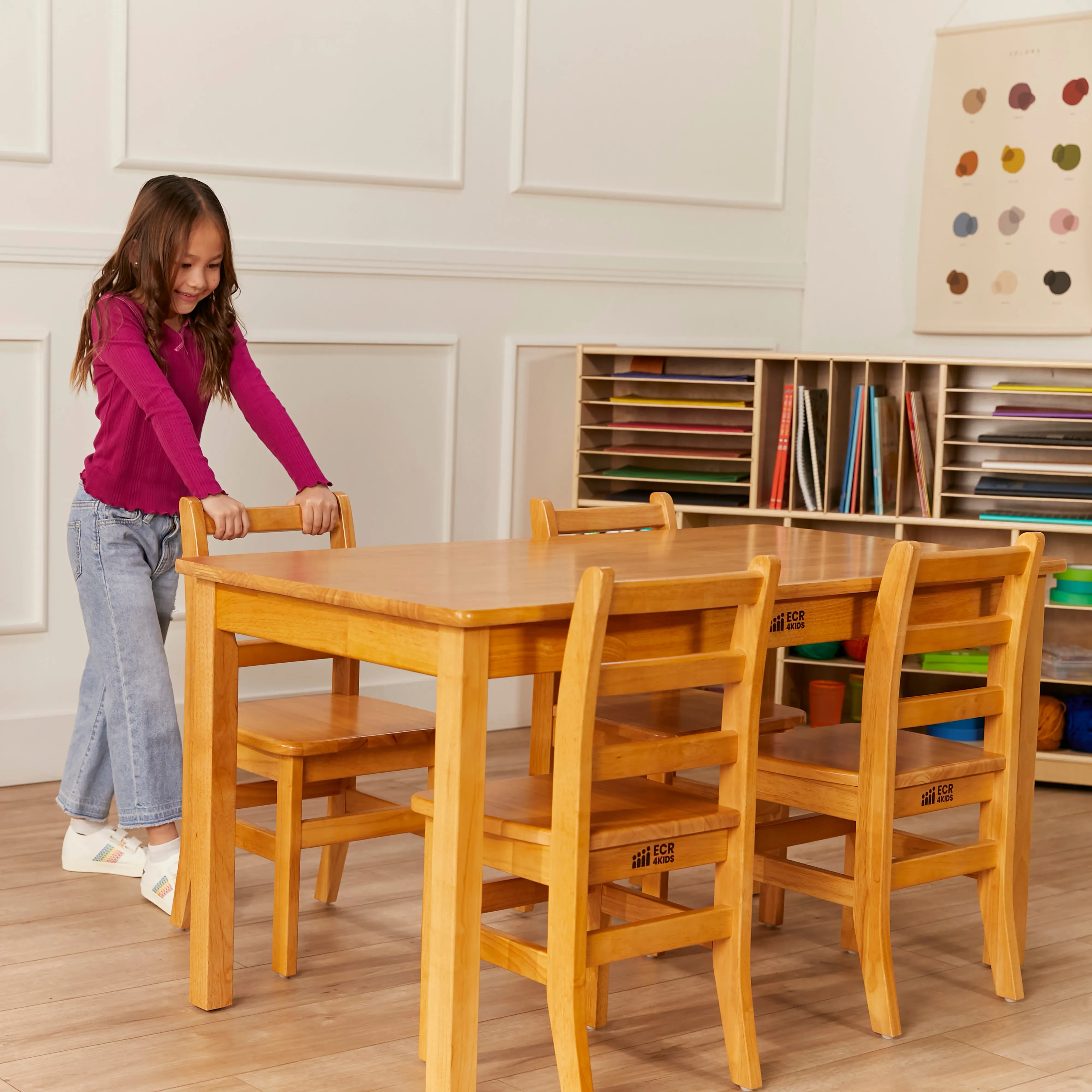 Rectangular Hardwood Table with 24in Legs and Four 14in Chairs, Kids Furniture