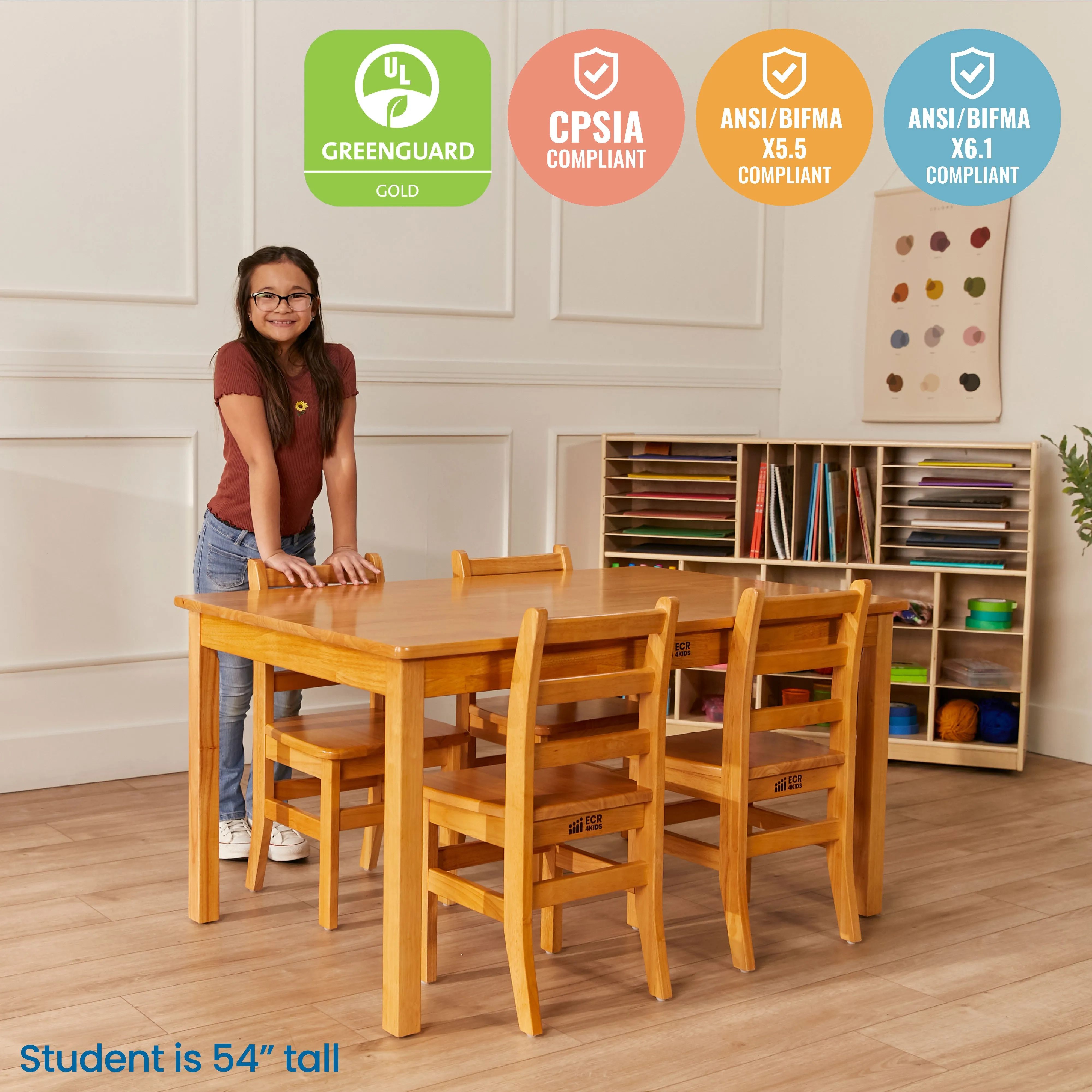 Rectangular Hardwood Table with 24in Legs and Four 14in Chairs, Kids Furniture