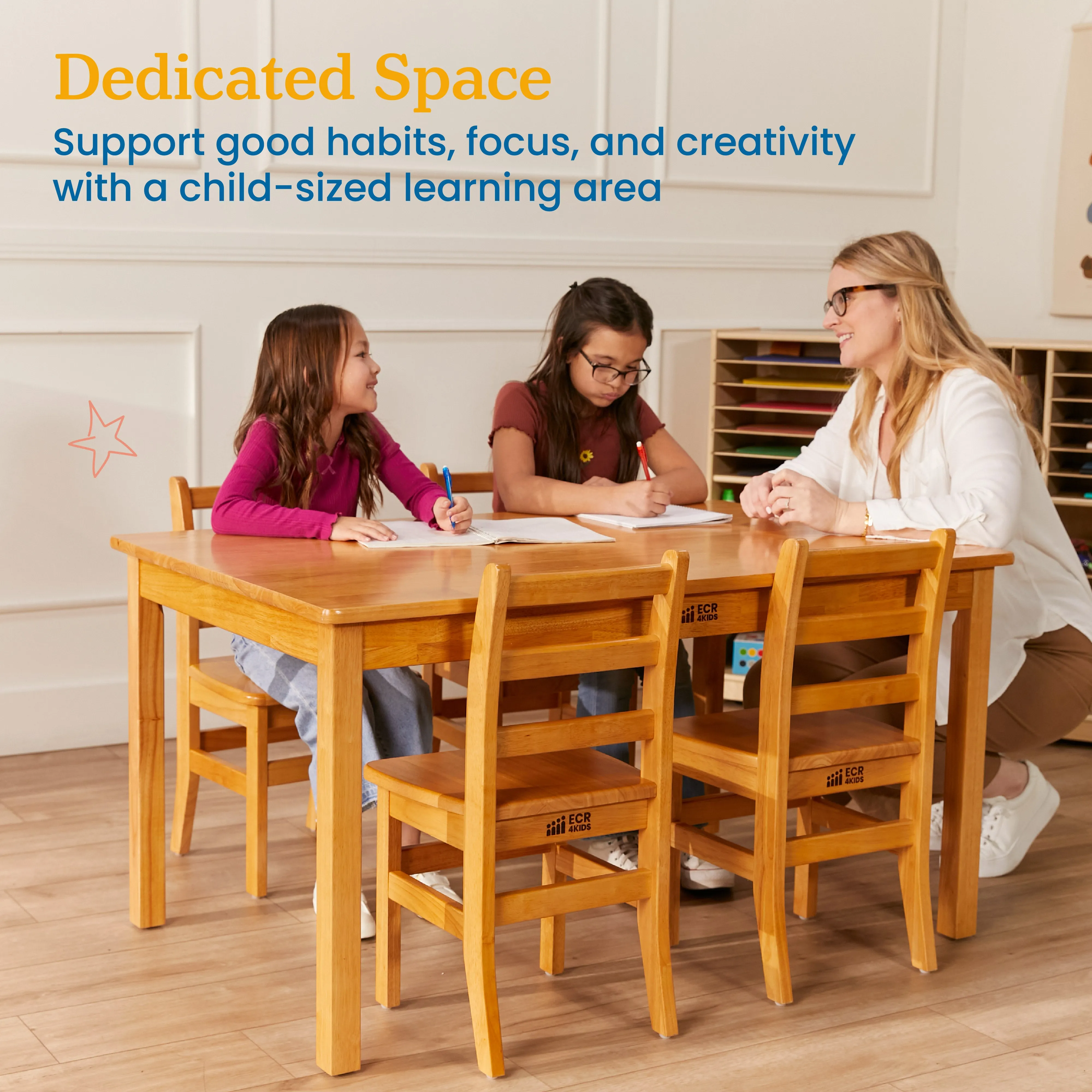 Rectangular Hardwood Table with 24in Legs and Four 14in Chairs, Kids Furniture