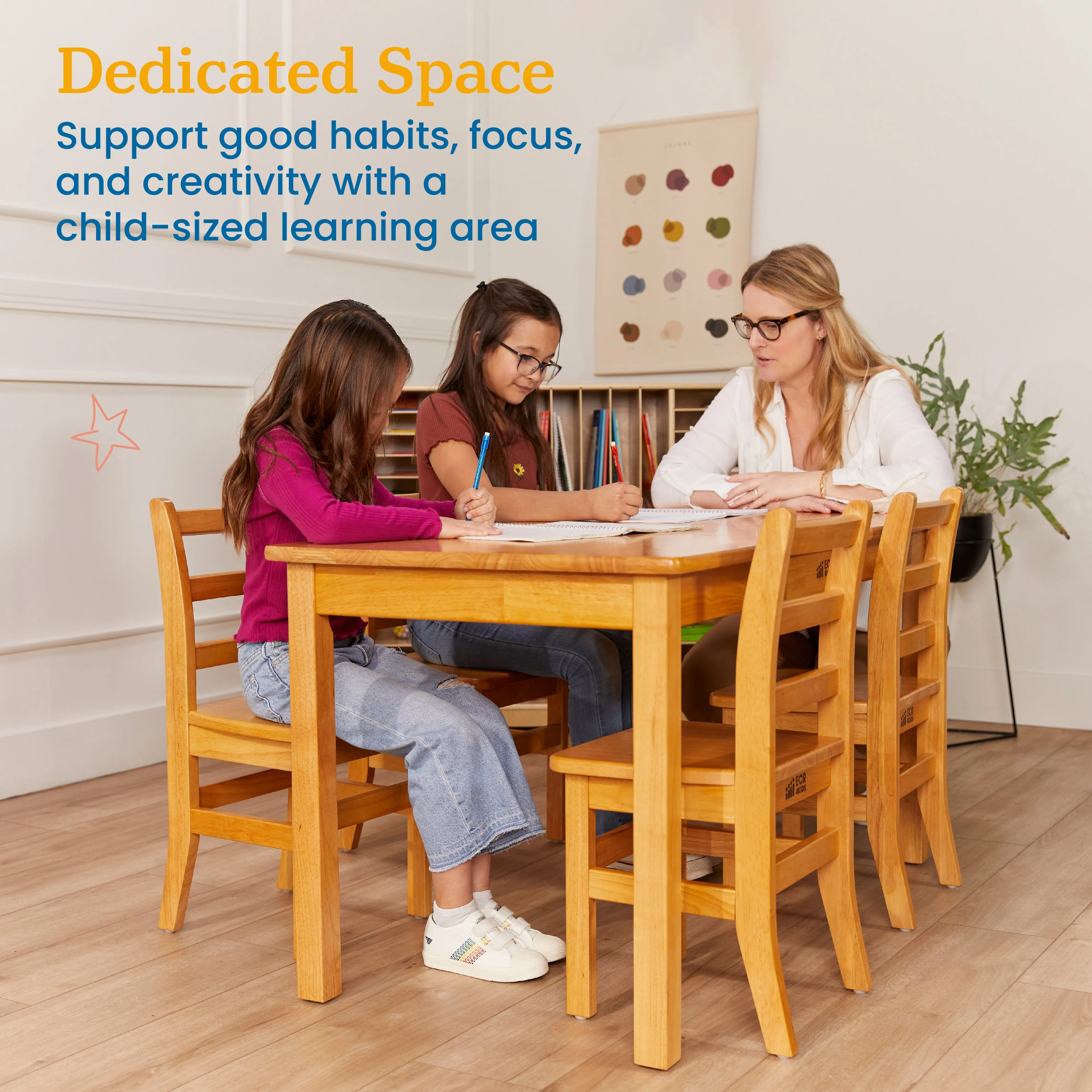 Rectangular Hardwood Table with 24in Legs and Four 14in Chairs, Kids Furniture