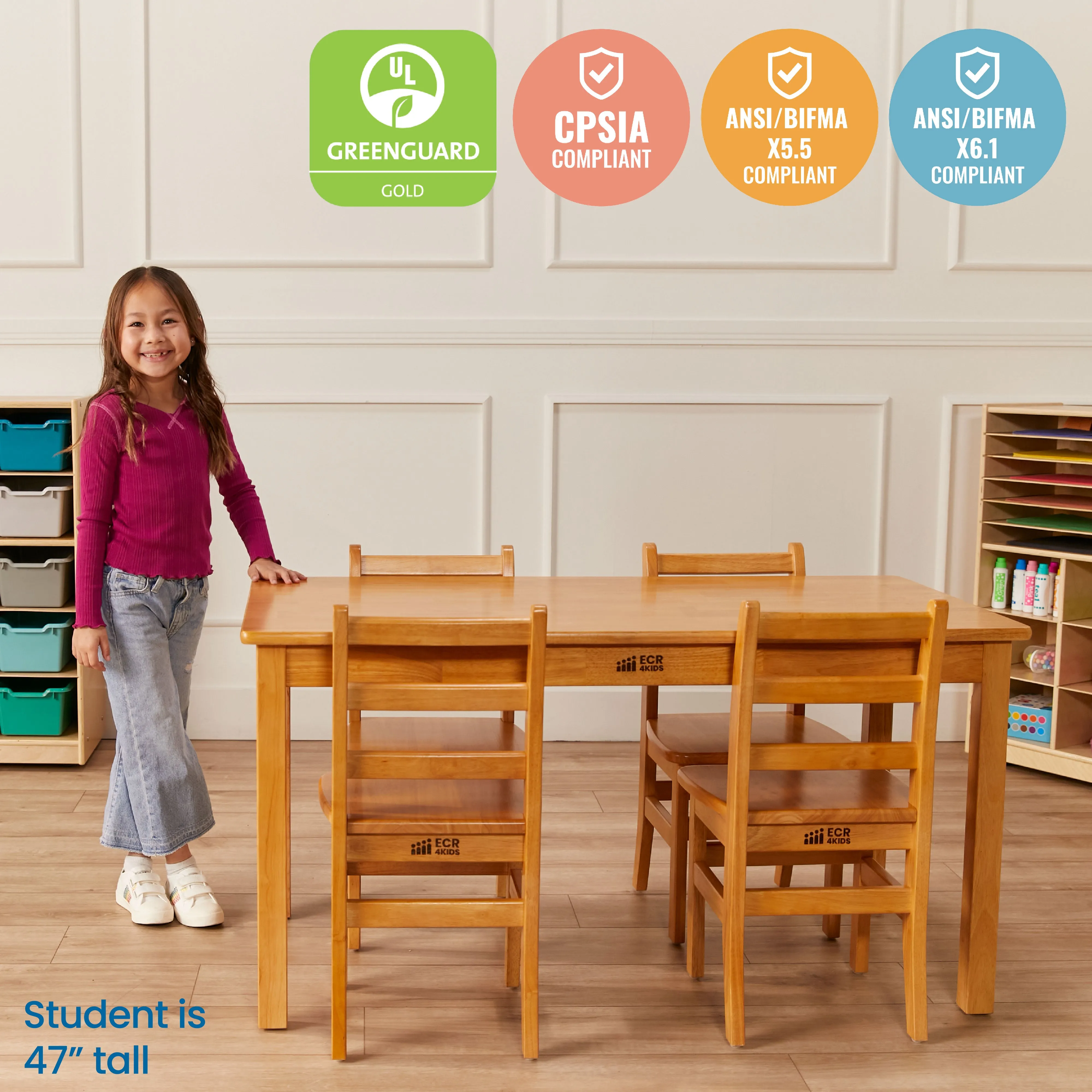 Rectangular Hardwood Table with 24in Legs and Four 14in Chairs, Kids Furniture