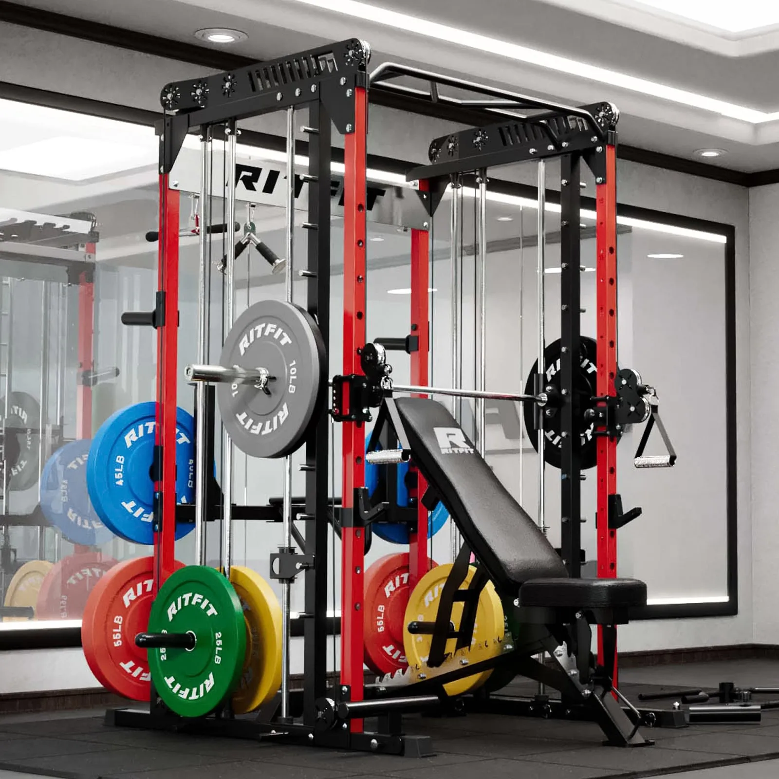 RitFit M1 Multi-Functional Smith Machine 2.0 with Cable Crossover System and Squat Rack for Home Gym